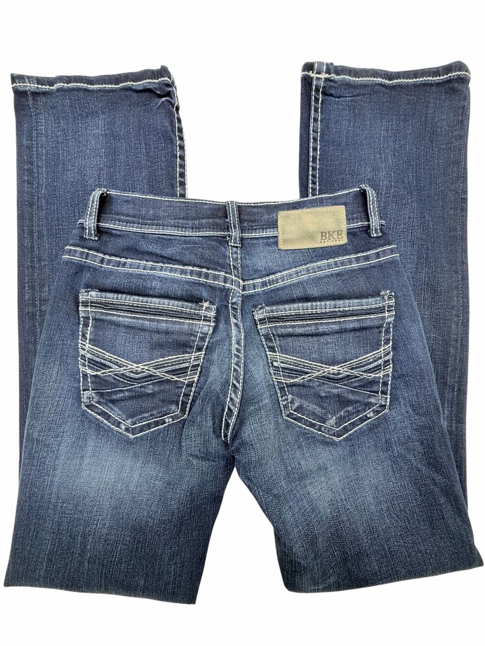 BKE Aiden Womenโs Jeans 27x32 Bootcut Dark Wash Stretch Distressed Stitching